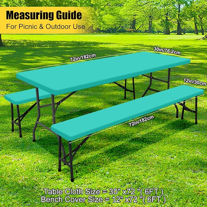 Smiry Picnic Table Cover with Bench Covers, Waterproof Elastic Fitted Polyester Tablecloths for 6 Ft Rectangle Tables, Washable Windproof Tablecloth for Camping, RV & Outdoor (Teal, 30x72 Inches)