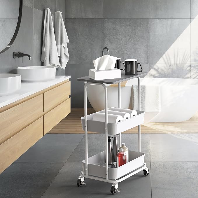 Simple Houseware 2-Tier Rolling Utility Cart Wood Top/Lockable Wheel, Gray | Metal Storage Organizer Trolley for Kitchen, Bathroom, Office, Craft Room
