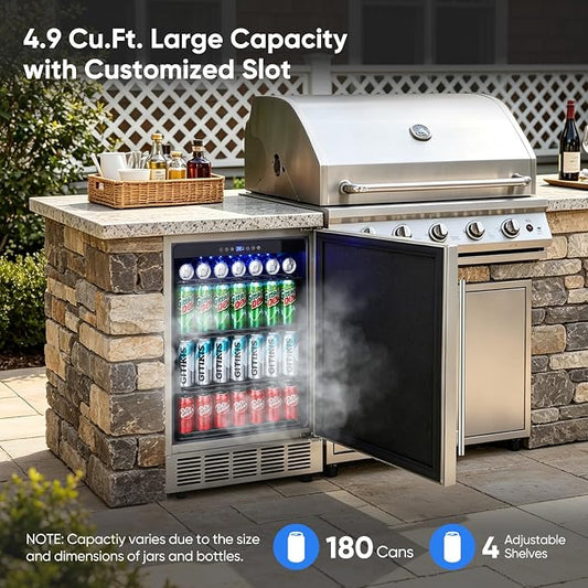 24 Inch Outdoor Beverage Refrigerator Built-in Patio Fridge | Under Counter drink Cooler with Stainless Steel Door, Digital Control, Quiet Cooling System for Backyard, Outdoor Kitchen