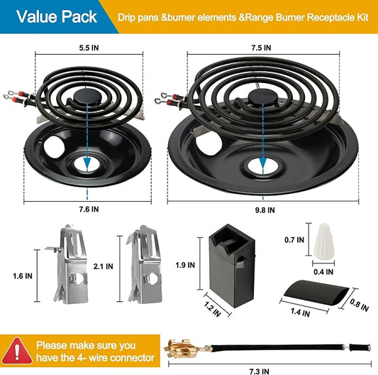 Porcelain Drip Pans & MP22YA Burner Element Set & 330031 Receptacle Kit Compatible with Frigi-daire Cro-sley Tap-pan Ken-more, Include 2 6" & 2 8" Black Drip Pans and Stove Burner, 4 Receptacle kit