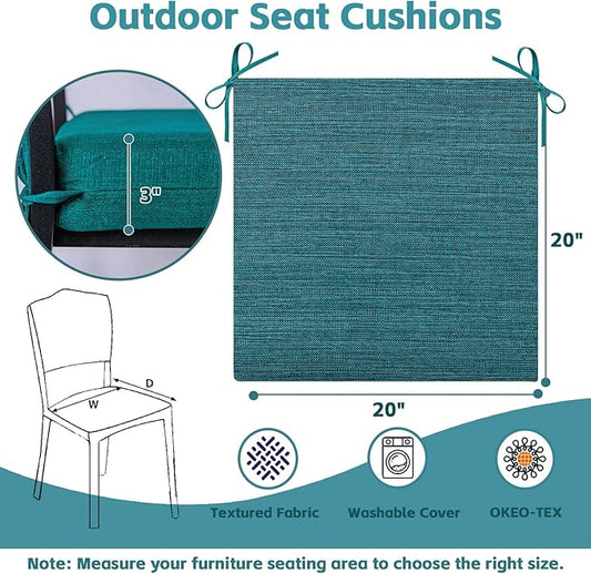 COZYVIDA Outdoor Chair Cushions Set of 4, 20"x20" Square Seat Pads with Tie Straps and YKK Zippers, 30D High-Density Foam, Water-Resistant Fabric,UV-Resistant 1000+ Hrs,Malachite