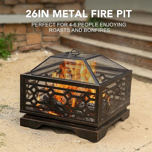 Florise Outdoor Fire Pit, 26 Inch Wood Burning Firepit for Outside with Mesh Cover & Fire Poker, Large Square Metal Fireplace for Patio, Backyard, Garden, Bonfire Party
