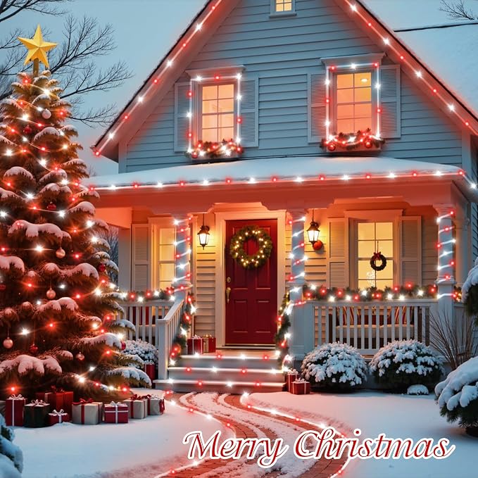 QITONG Red and White Solar Rope Lights, 2 Pack Each 33ft 100 LED Christmas String Light, 8 Modes Fairy Lights in Clear Thin Tube