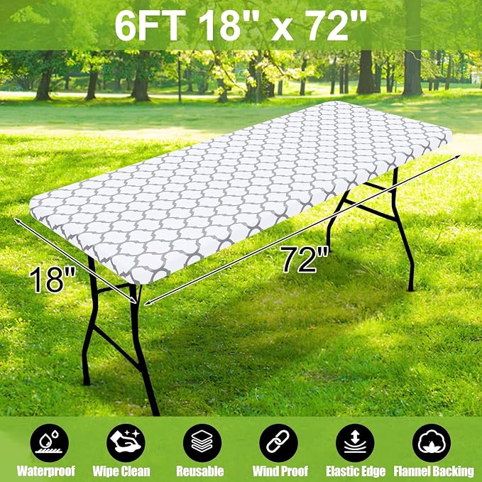 Smiry Picnic Fitted Table Cover, 6 Foot Flannel Backed Vinyl Tablecloth | Waterproof Elastic Stretch Table Cloth, Wipeable Plastic Tablecloth for Camping, Indoor & Outdoor (White, 18" x 72")