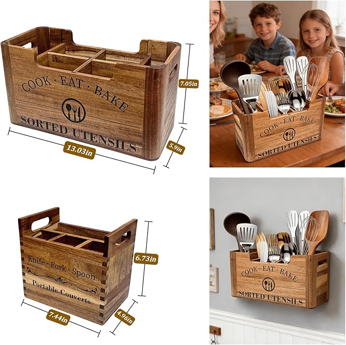 2-in-1 Acacia Wood Kitchen Utensil Holder, Large Farmhouse Countertop Organizer with Warm Aesthetic Removable Silverware Caddy, Rustic Wooden Container for Counter, Dining room & Island