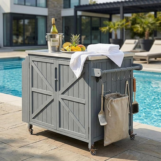 42.1-Inch Mobile Prep Station with Stainless Steel Countertop, Outdoor Grill Cart cart with Adjustable Shelf, Storage Cabinet and Side Shelf for Backyard BBQ & Pizza