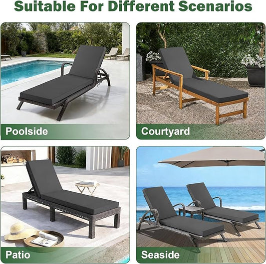 Chaise Lounge Cushions Outdoor, 80x 26x 3 Inch Waterproof & Fade-Resistant Lounge Chair Cushion, Outdoor Chaise Cushion with Removable Cover & Ties for Lawn, Patio, Pool & Beach, Dark Grey