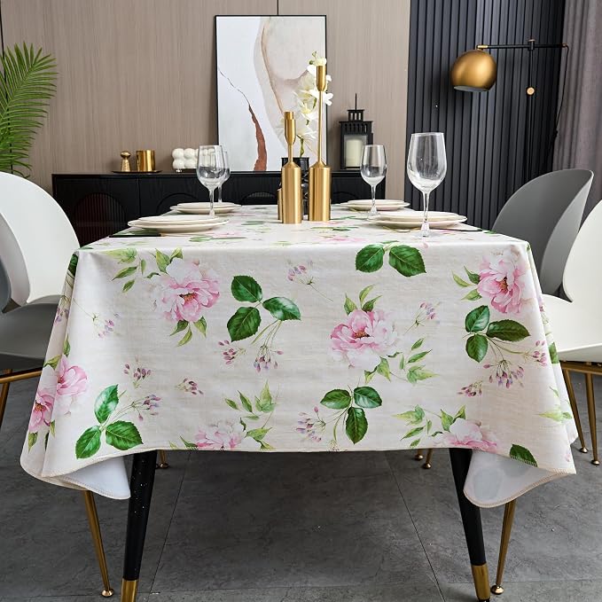 LIBERECOO Reinforced Vinyl Tablecloth with Flannel Backing Waterproof Oil-Proof Floral Plastic Table Cloth Stain-Resistant Wipeable Table Cover Not Stiff