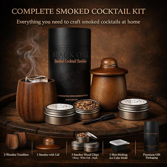 Black Oak Smoked Cocktail Kit – 2-Pack Charred Wooden Whiskey Cup 10oz, Whiskey Smoker Kit with Lid, 3 Smoker Wood Chips & 1 Ice Mold for Old Fashioned | Bourbon Gifts for Men, Dads & Bartenders