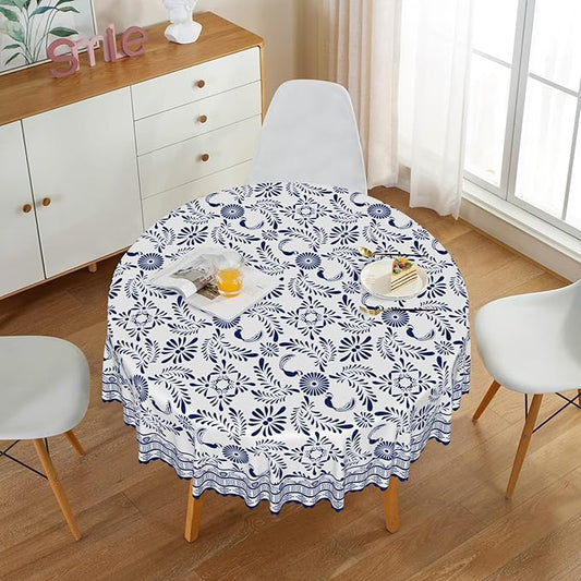 Ethnic Floral Circle Table Cloths 70 Inch Blue Flowers Plants Chic Wrinkle Oil-Proof Resistant Round Table Cover Folk Style Tablecloths for Indoor Outdoor Kitchen Dining Party Restaurant
