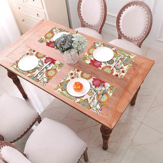 Boho Floral Placemats Set of 4, Colorful Decorative Place Mats | Flower Table Mats for Kitchen Dining Table, Washable Linen Placemat 12"x18", Housewarming Gifts for New Home