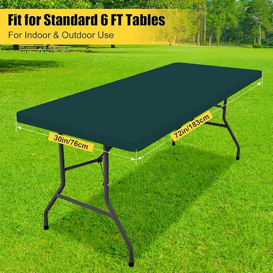 Smiry 2 Pack Rectangle Tablecloth, Elastic Fitted Flannel Backed Vinyl Tablecloths for 6ft Folding Tables, Waterproof Wipeable Table Covers for Outdoor, Picnic and Camping (Hunter Green, 30"x72")