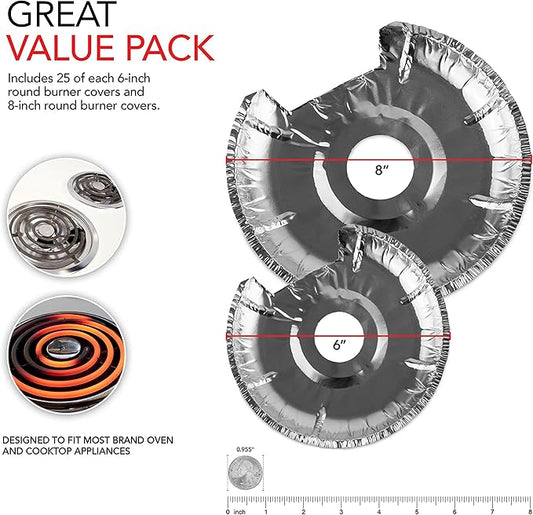 Round Electric Stove Burner Covers (50 Pack) 6 Inch and 8 Inch Disposable Stove Top Aluminum Foil Bib Liners, to Keep Kitchen Range Clean from Oil and Food Drips, Stock Your Home