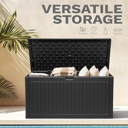 DWVO 320 Gallon Double-Wall Deck Box with Divider, XXL Extra Large Resin Outdoor Storage Box, Lockable & Waterproof, Double as Seating, 1000lbs Capacity (Black)