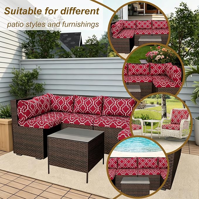 14 Piece Outdoor Patio Cushion Cover Replacement, Waterproof Patio Cushion Covers, Outdoor Furniture Cushion Covers Set for 6 Seat Wicker Rattan Sofa (Red Grid)