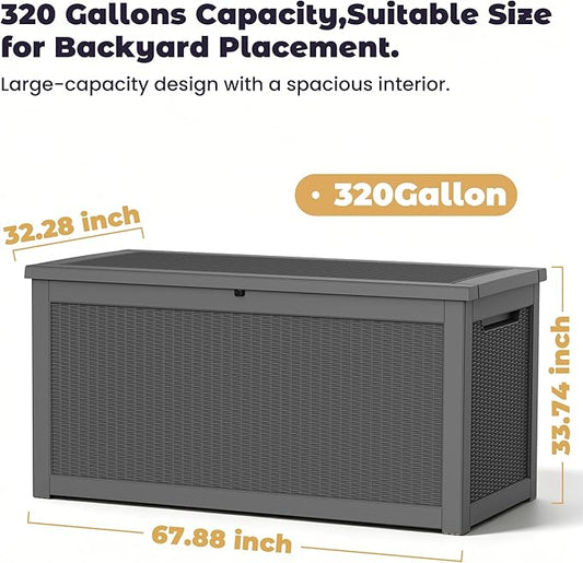 PatioZen 320 Gallon Deck Box, Outdoor Storage Box, Outdoor Storage Box for Cushions, Garden Tools, Furniture Storage,Waterproof, Lockable and Resin,Black