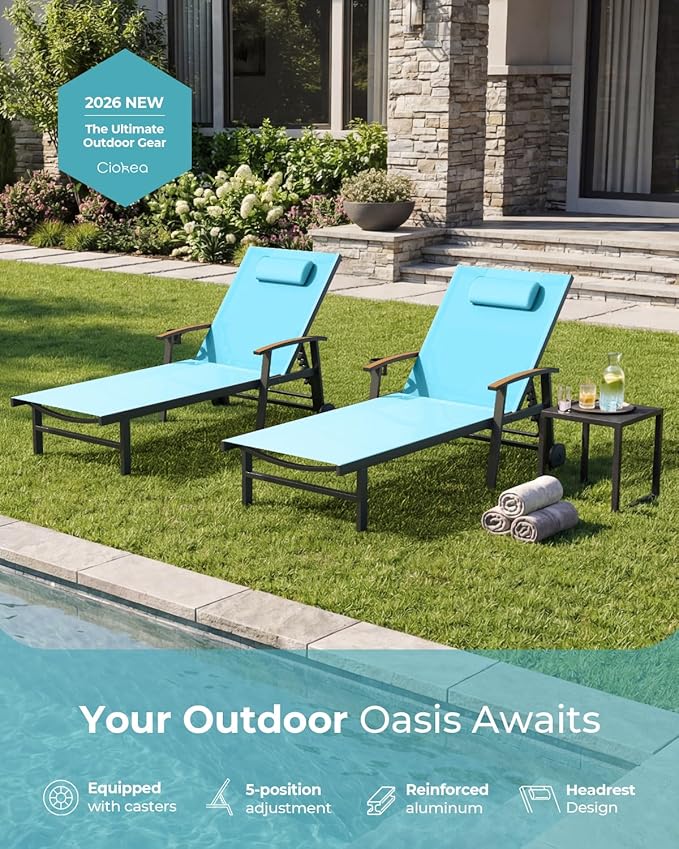 Ciokea Outdoor Lounge Chair with Pillow, 5-Position Chaise Lounge with Wheels & Armrests, 400 lbs Heavy Duty Aluminum Pool Lounger for Beach, Deck, Backyard & Poolside, Lake Blue