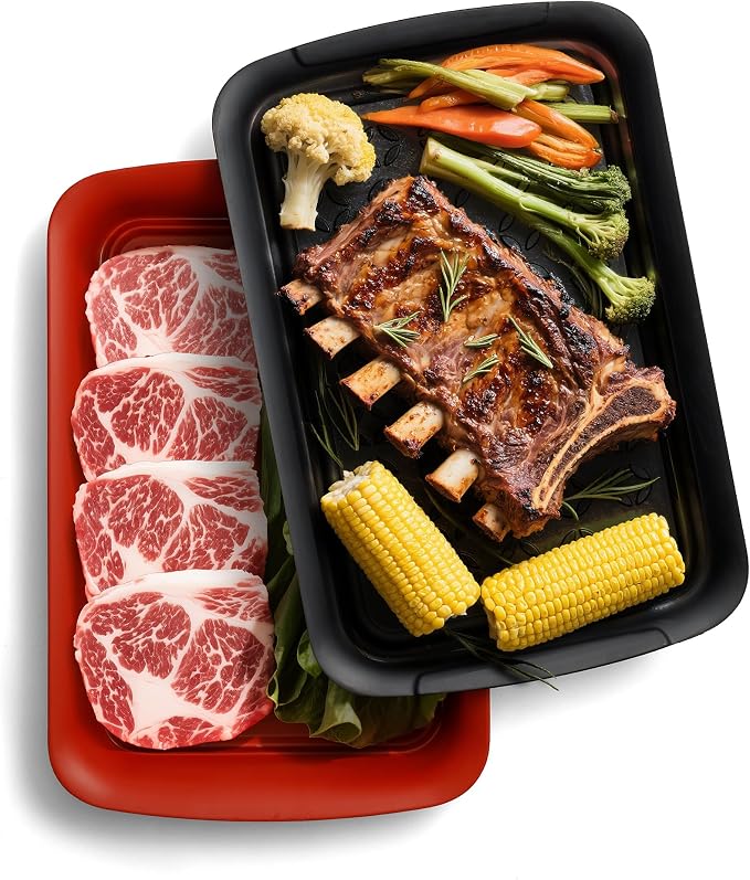 TP Deep Grilling Prep and Serve Trays, 18" x 12", Set of 2, Black&Red | Melamine BBQ Trays, Serving Platters for Meats, Raw and Cooked Food Separation, Lightweight, Break-resistant