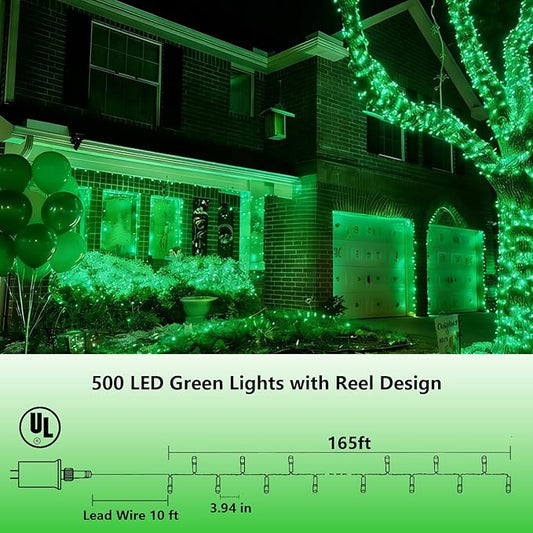 YEGUO 165ft 500 LED Halloween String Lights Outdoor Waterproof, Green String Lights Indoor Plug in, 8 Modes Clear Wire Twinkle Lights for Christmas Tree