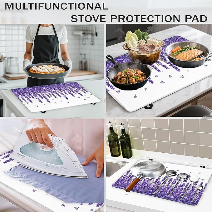 Purple Lavender Glass Top Stove Cover Protector,Spring Flower Stove Top Covers for Electric Stove,Washable Heat Resistant Cooktop Mat Anti-Slip Range Covers, 28 x 20 Inch