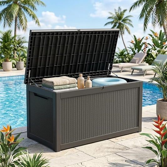 Outdoor Storage Box, 320 Gallon Lockable Resin Deck Box Large Waterproof, Patio Storage Bin for Furniture Cushion, Garden Tools and Pool Accessories, UV-Resistant Bench for Outside, Black