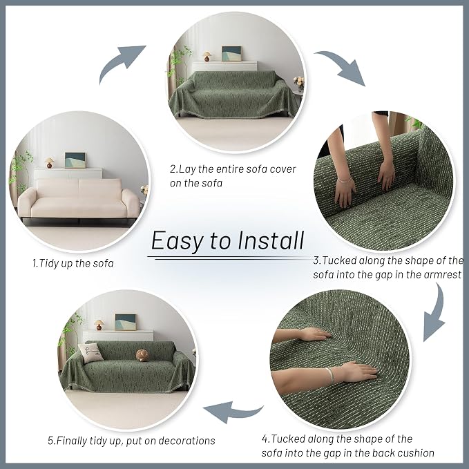 MYSKY HOME Couch Covers for 2 Cushion Couch Sectional Sofa, L Shape Sofa Protector Moss Green Chenille Couch Cover, Sofa Covers Washable Blanket with Tassel Pet Couch Cushion Cover, 71"X102"