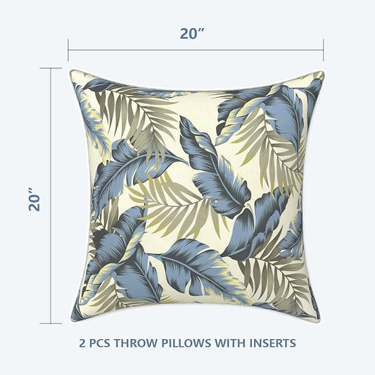 LVTXIII Set of 2 Patio Throw Pillows Waterproof 20"x20" Fade Resistant Outdoor Throw Pillows with Inserts, Fluffy Decorative Garden Toss Pillow Cushions for Home Patio Coach Sofa Use, Lush Palm Blue