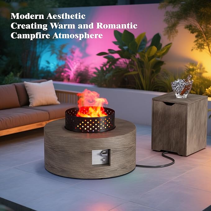 2-Piece Outdoor Propane Fire Pit Table Set w Tank Side Table 30'' Round Fire Pit Table w Wood Grain 2-in-1 Firepit Table for Outside Gas Fire Pit w 304 Stainless Steel Burner 50,000 BTU, Brown