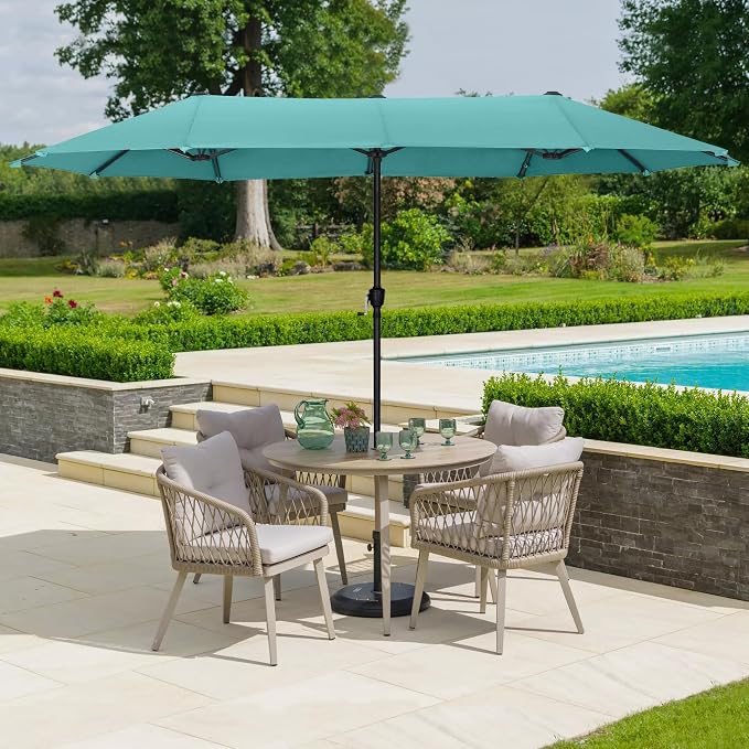 HERA'S PALACE 13 ft Large Double-Sided Twin Patio Umbrella, Outdoor Market Umbrella with Crank Handle, Powerful UV Protective, Turquoise