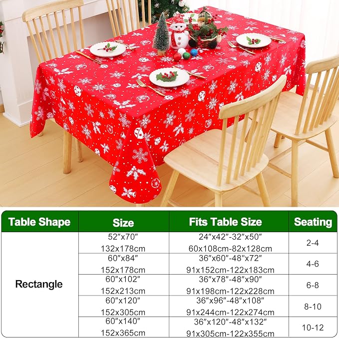 Smiry Christmas Rectangle Table Cloth, Waterproof Vinyl Tablecloth with Flannel Backing, Wipeable Bell & Snowflake Plastic Tablecloths for Christmas Table Decorations, (60"x84", White & Red)