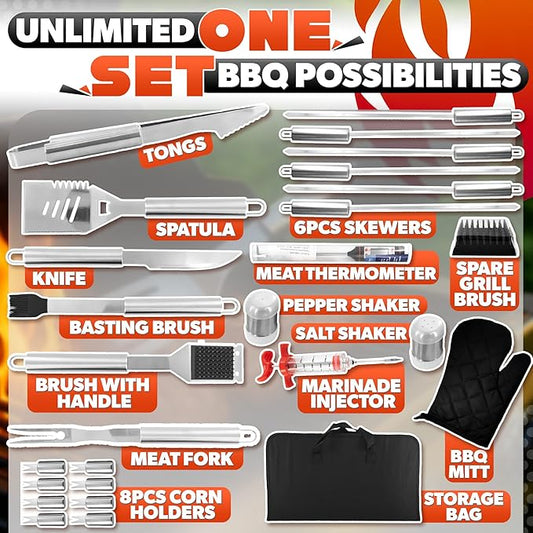27 Pcs Grill Set for Outdoor Grill โ Durable Stainless Steel Barbecue Tool Sets with Case, Thermometer & Mitt โ Birthday Ideas for Men, Grill Accessories for Backyard BBQ & Cooking