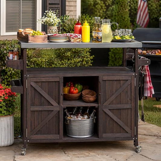 MEETFFAV 50.25" W Grill Cart with Stainless Steel Tabletop, Brown F | Fir Wood Bar Patio Kitchen Island with Ample Storage and Lockable Wheels, Outdoor Storage Cabinet for BBQ Grill