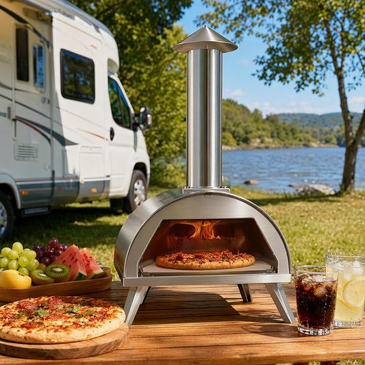 12" Wood Pellet Pizza Oven – Portable Stainless Steel Outdoor Pizza Maker with Built-In Thermometer, Foldable Legs, Carry Handle & Cordierite Pizza Stone for Backyard, Patio & Camping