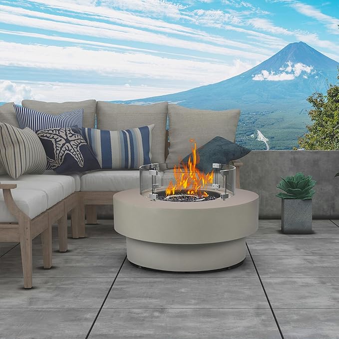 Propane Outdoor Fire Pit Table with Wind Glass Shield, Flint & Concrete Look 32-inch Round Patio Gas Fire Table 50,000 BTU w/Lid, Fire Glass, Cover, Pre-Attached 10ft Propane Hose