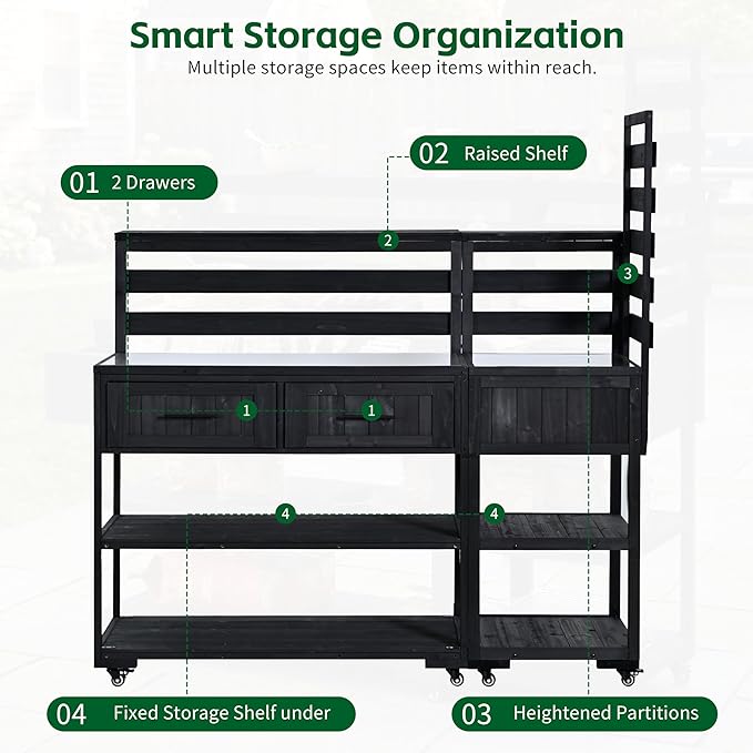 GDFStudio Elshire Patio Kitchen Island Cart with Storage, Wooden Outdoor Storage Cabinet with Stainless Steel BBQ Prep Table Top, Drawers, Raised Shelf and Lockable Wheels, Garden Potting Bench, Black