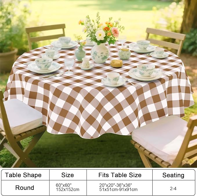 Smiry Picnic Table Cloth, Vinyl Tablecloths with Flannel Backing, 60" Round | Waterproof Picnic Table Cloth, Wipeable Buffalo Plaid Table Cover for Indoor and Outdoor (Brown & White)