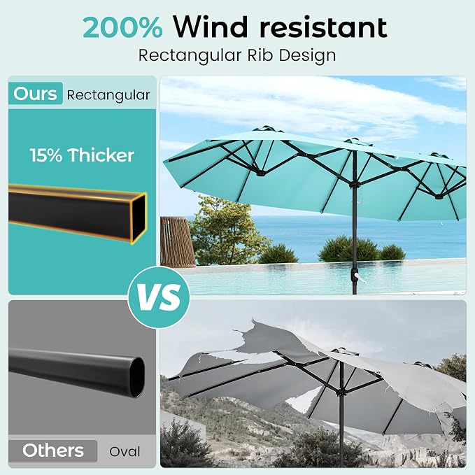 DomeShade 15ft Outdoor Umbrellas for Patio with Base,Outdoor Double-Sided Rectangle Market Umbrella with Crank Handle&Stand,Awnings for Outside Umbrellas for Poolside Lawn Backyard Garden,Turquoise
