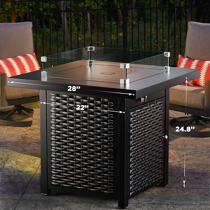 Ciays Propane Fire Pit, 28″ Outdoor Gas Fire Pit, 50,000 BTU Steel Fire Table with Glass Wind Guard, Lid & Lava Rock, Add Warmth and Ambience to Gatherings On Patio Deck Garden (2 Packages)