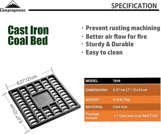 CAMPINGMOON Cast Iron Coal Bed Charcoal Fire Grate 8.27x8.27-inch T-210