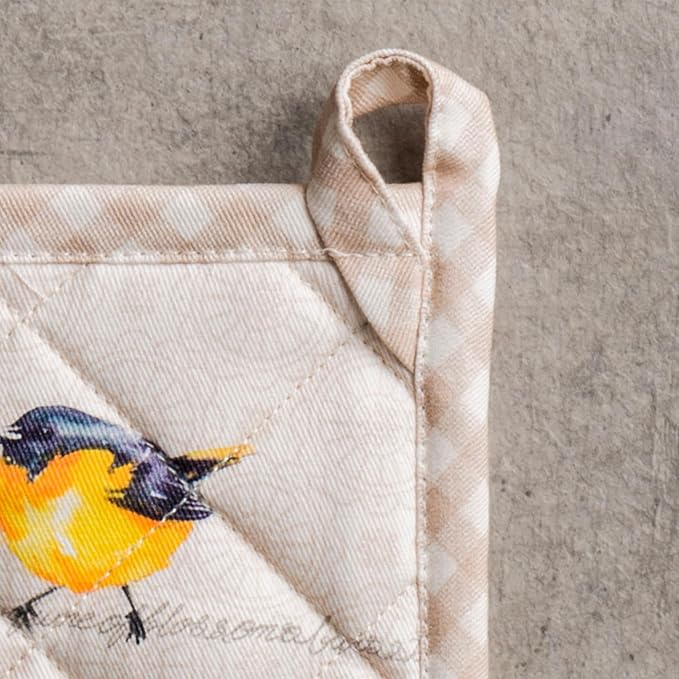 Maison d' Hermine Pot Holders 100% Cotton Heat Resistant Potholders 8" x 8" Hot Pads with Loop BBQ Cooking Baking Hotel Farmhouse Kitchen Handling Hot Pans Spring Summer (Pack of 2, Birdies on Wire)