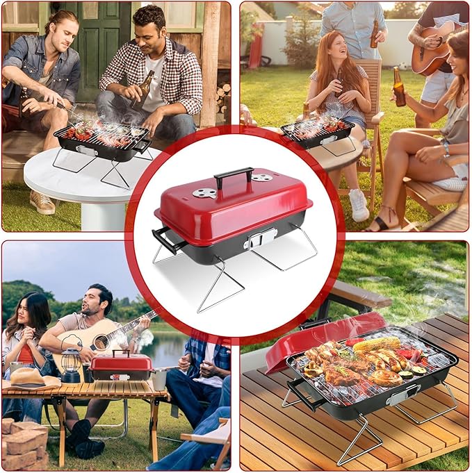 Portable Charcoal Grill, 19.7x10.63x11.8in Folding Outdoor Tabletop BBQ Grill, Small Barbecue Smoker Grill with Lid for Outdoor Cooking Backyard Camping Picnics Beach
