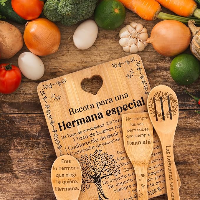 Regalos de cumpleaños para Hermana - "Receta para una Hermana especial". Juego de tablas de cortar y utensilios de bambú grabados. Regalos de cumpleaños para Hermana. Spanish Sister Cutting Board