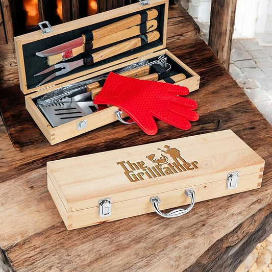 11-Piece BBQ Grill Tool Set with Engraved Maple Wood Gift Box with Stainless Steel Barbecue Accessories with Wooden Handles – The Grillfather Grilling Kit for Dad, Men, Husband