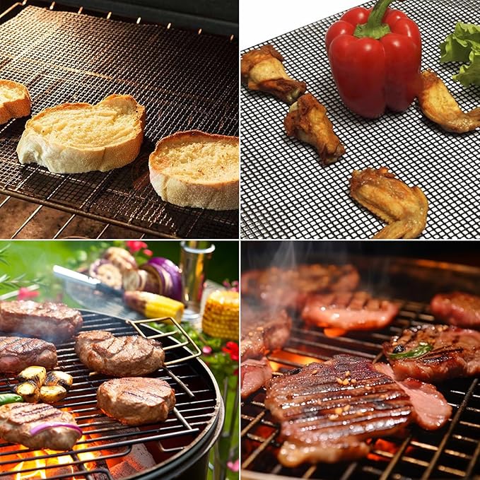 GWHOLE Non-Stick BBQ Grill Mesh Mat Set of 4, Reusable BBQ Grill Accessories Grilling Mesh Sheet for Outdoor Grill Cooking Baking Barbecue, 15.7" x13"