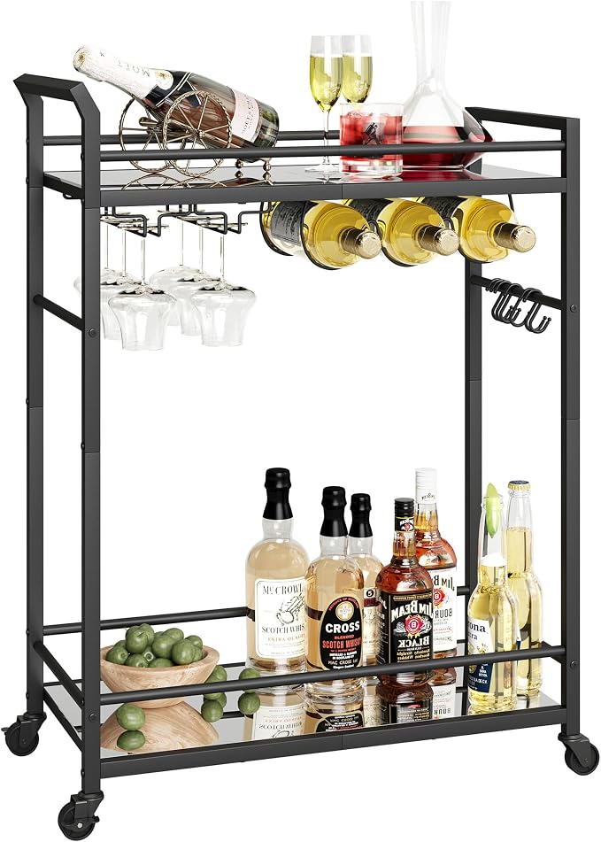 3 Tier Bar Cart, Small Beverage Cart, Mini Bar Cart with Wine Rack, Home Bar Serving Cart with Wheels for Kitchen Dining Living Room (Black, Mirrored) GBC106BU