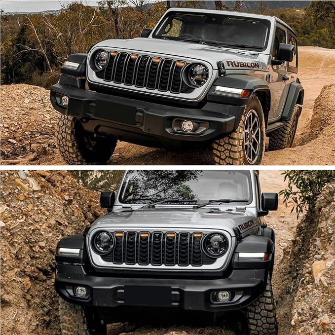 RGB LED Front Bumper Grille Lights Compatible with 2024-2025 Jeep Wrangler JL JLU JT Original Factory Grille, RGB Adjustable Atmosphere Exterior Grill Lights Remote APP Control, 4PCS