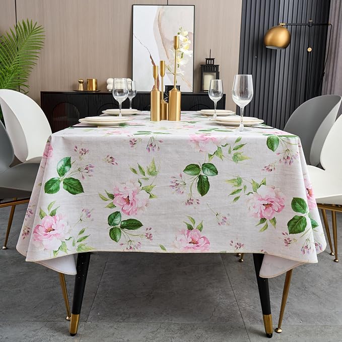 LIBERECOO Reinforced Vinyl Tablecloth with Flannel Backing Waterproof Oil-Proof Floral Plastic Table Cloth Stain-Resistant Wipeable Table Cover Not Stiff