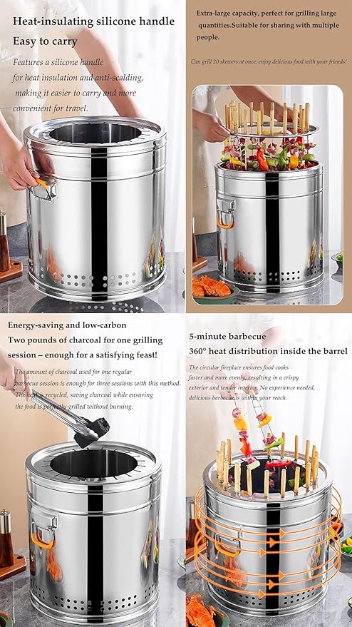 Stainless Steel Portable Vertical Charcoal Smoker Grill Barrel Grill with Wooden-Handled Steel skewers30, Outdoor Indoor Camping Smokeless Charcoal Barbecue Grill BBQ(Double,Small)