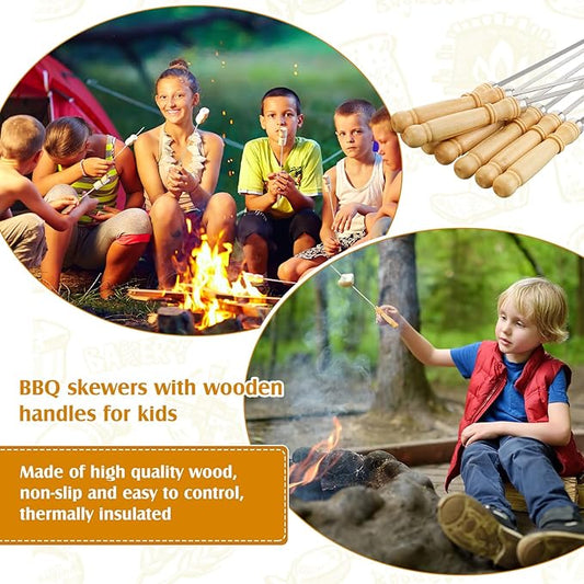 Minatee 16 Inch Kabob Skewer with Wood Handle for BBQ Camping Cookware Campfire Grill Cooking, Stainless Steel, Metal Skewers for Kabobs with Wood Handle (100 Pcs)