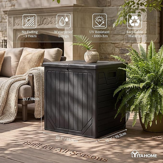 YITAHOME 150 Gallon Large Outdoor Storage Box w/Double Wall, Waterproof Deck Box with Hydraulic Piston for Garden Tools, Pool Accessories & Cushions, Resin Deck Organizer with Bench Seat(Black)